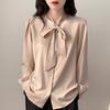Blue Bowknot Shirt With Satin Fabric And Tie Detail For Office Women