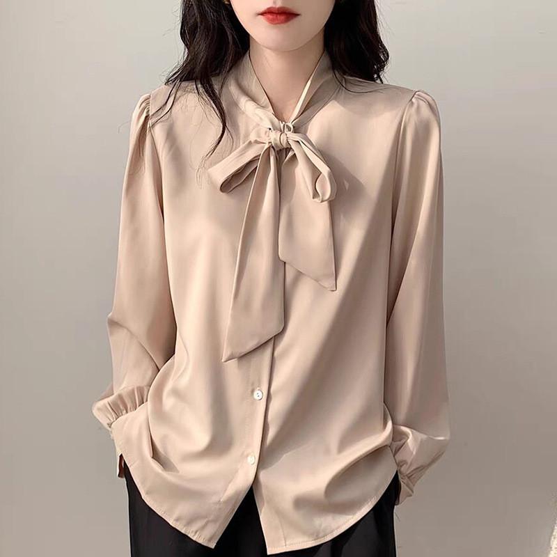 Blue Bowknot Shirt With Satin Fabric And Tie Detail For Office Women