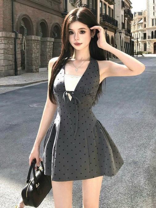 Pure desire wind sweet short skirt summer waist and thin design sense lace splicing gray polka dot neck dress women