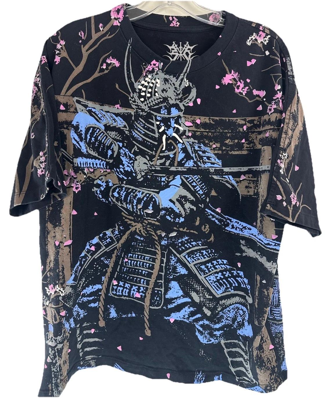 36th Chamber Samurai Skull Graphic Black Print T-shirt AOP Mens Size Medium RARE L