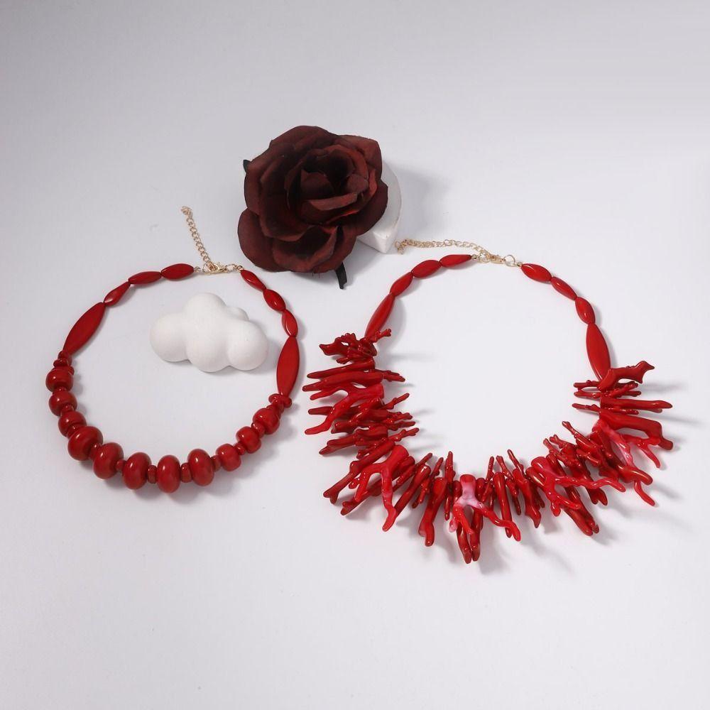 2Pcs Vintage Red Coral Choker Double Layer Ethnic Style Necklace Beaded Chain  Women