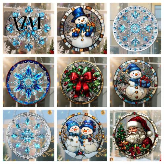 Durable Acrylic Holiday Signage Christmas 2D Hanging Ornaments, Stained Glass Style Snowman Santa Snowflake Colorful Window Decorations Hanger