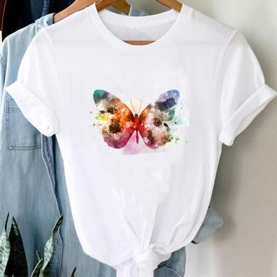 (Asian Size) Women Print Tee Watercolor Butterfly Trend Top Fashion T Shirt Clothing Casual Short Sleeve Lady Female Graphic T-shirt