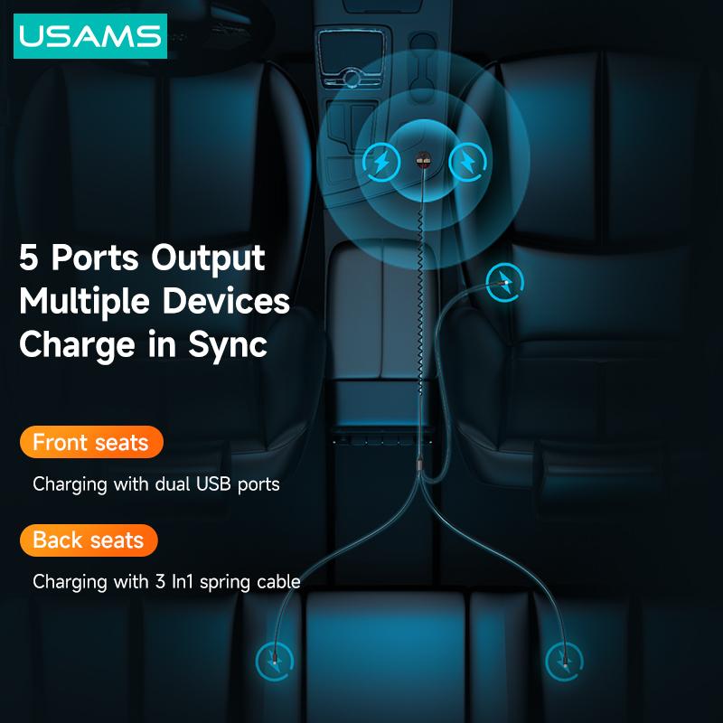 USAMS 3.4A LED Digital Display Car Charger With 3 In 1 Cable Dual USB Phone Charger For iPhone iPad Xiaomi Huawei Samsung Tablet