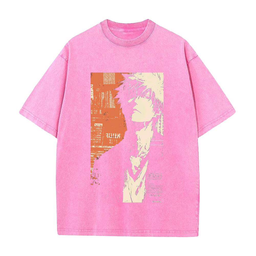Ichigo Kurosaki BLEACH Anime Outfit Unisex Locker geschnitten Kurzarm Gewaschenes Vintage Baumwoll-T-Shirt