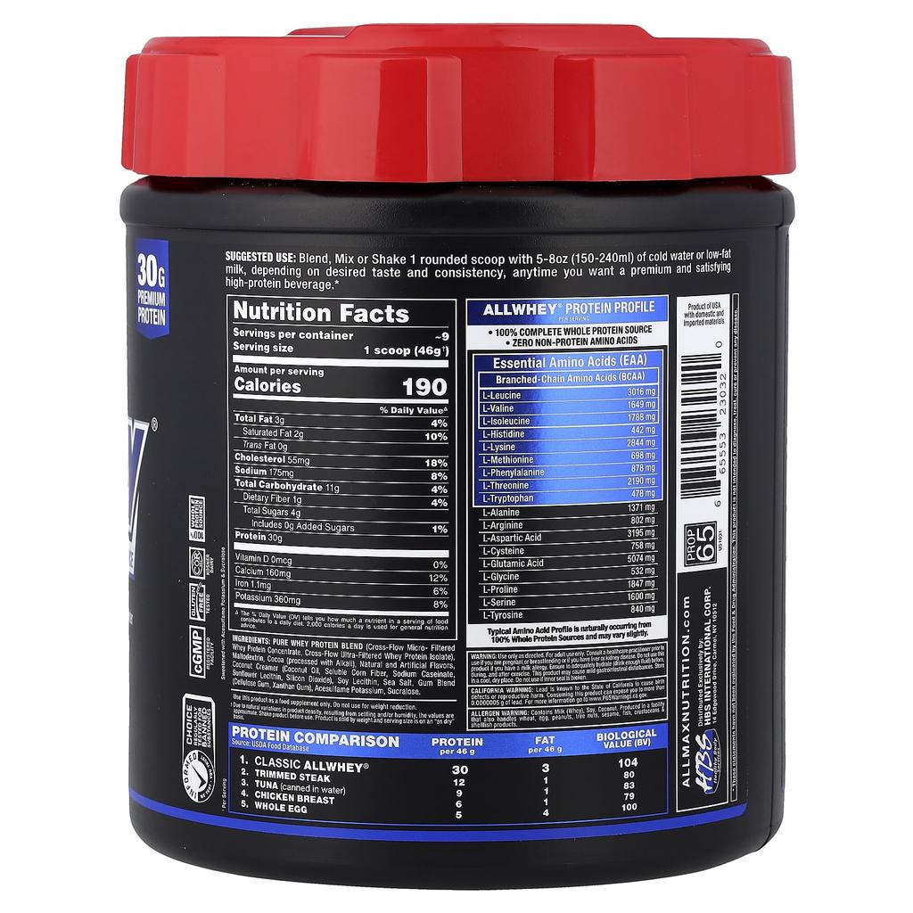 ALLMAX, CLASSIC ALLWHEY®, 100% Whey Protein Source, Chocolate, 425g (0.9lb)
