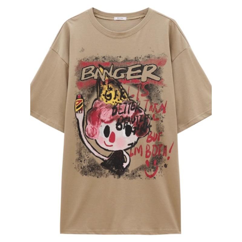 Summer Vintage Street Style Printing Loose Casual Short Sleeve Tee Top Women Cotton All-match Pullover T-shirt