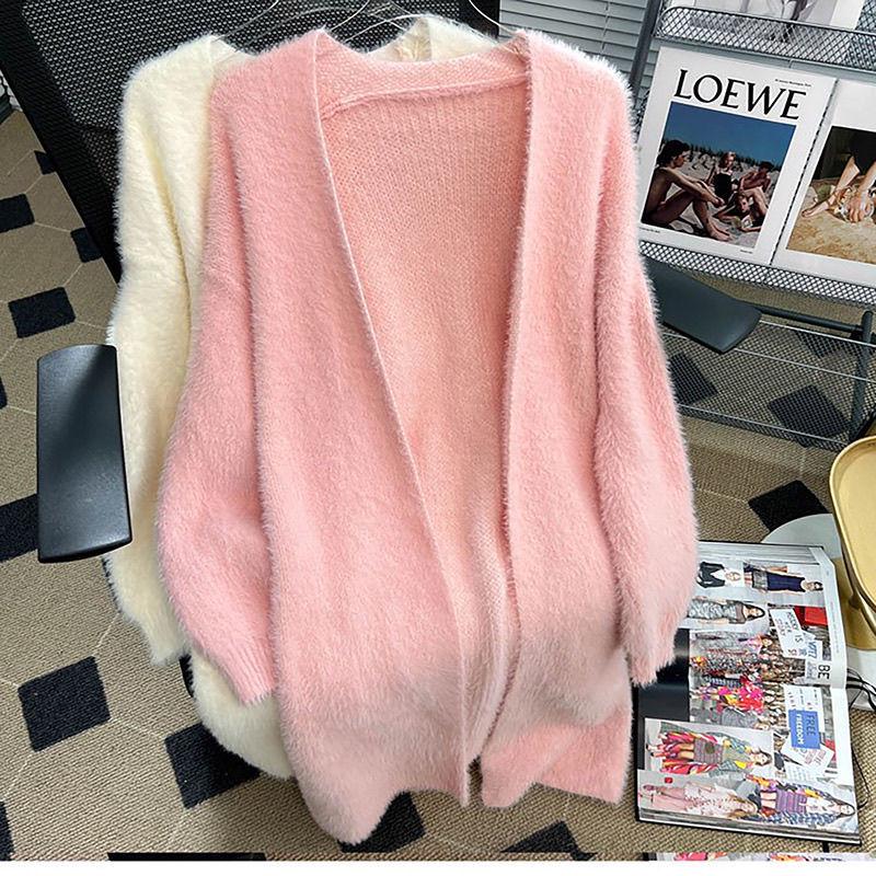 Women's Versatile Thickened Mink Cashmere Cardigan: Loose, Mid-Length Knit Sweater for Autumn and Winter.
