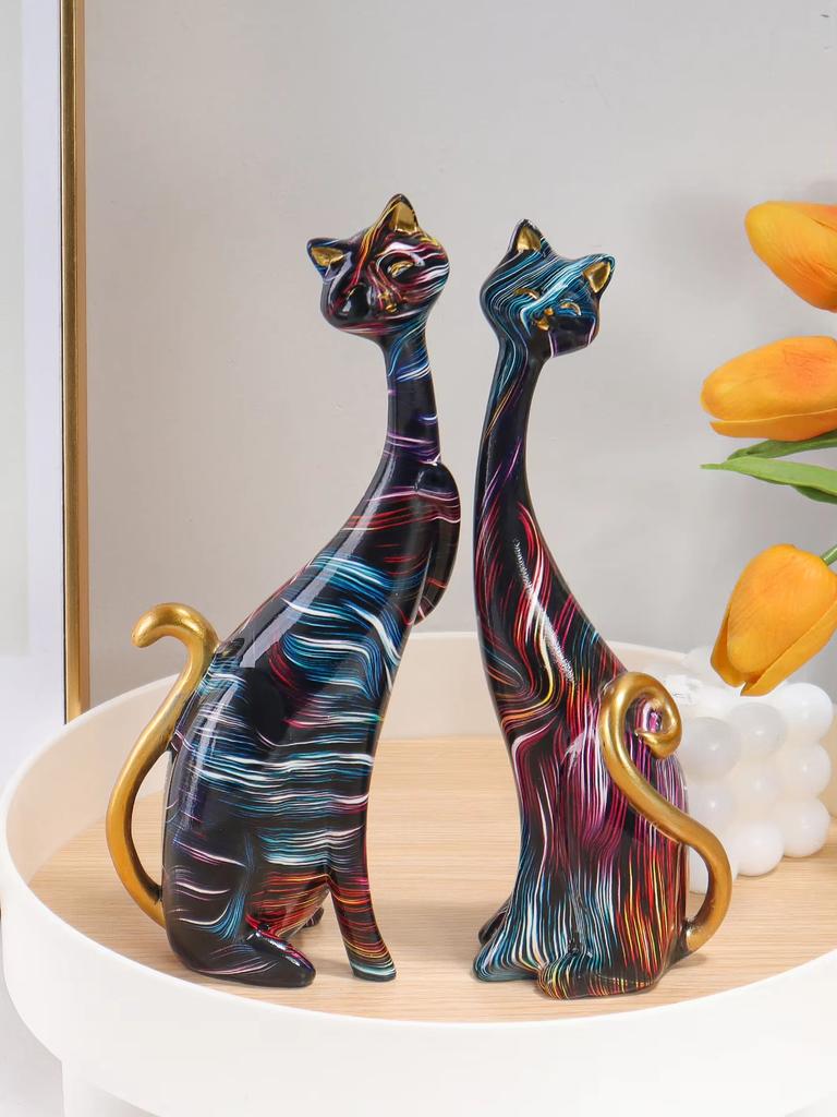 Creative Watercolor Couple Cat Sculpture Resin Material Home Decorative Artwork Bedroom Living Room Entrance Hallway Figurine