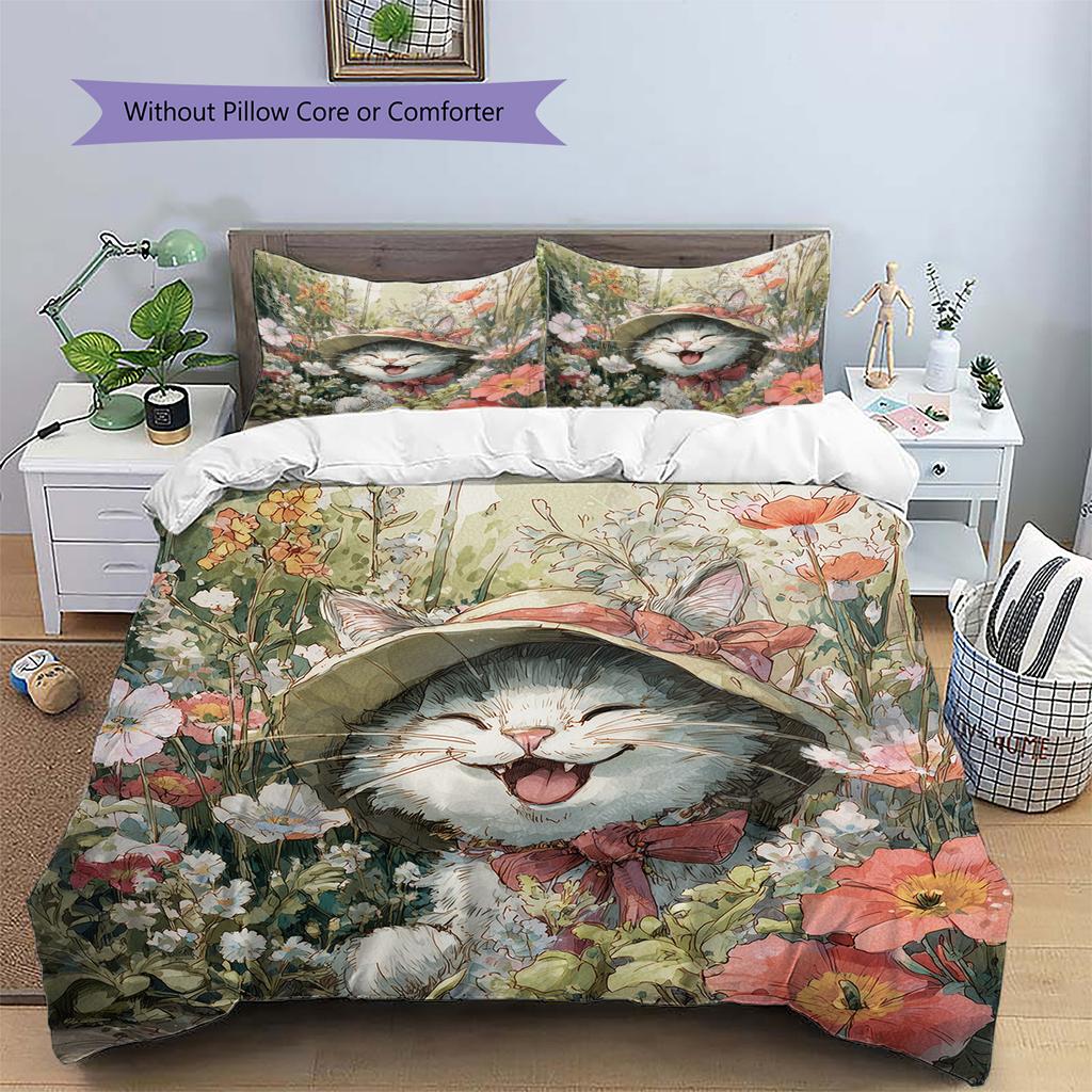 Set Copripiumino Trapuntato con Fantasia Gatto con Cappello Vintage Decorazione per la Casa Regalo (1 * copripiumino + 2 * federa, senza nucleo)