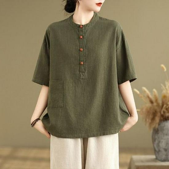 Plus Size Retro Linen Button Pocket T-shirt - Women's Slimming Fashion Short Sleeve Top for Summer 2025.