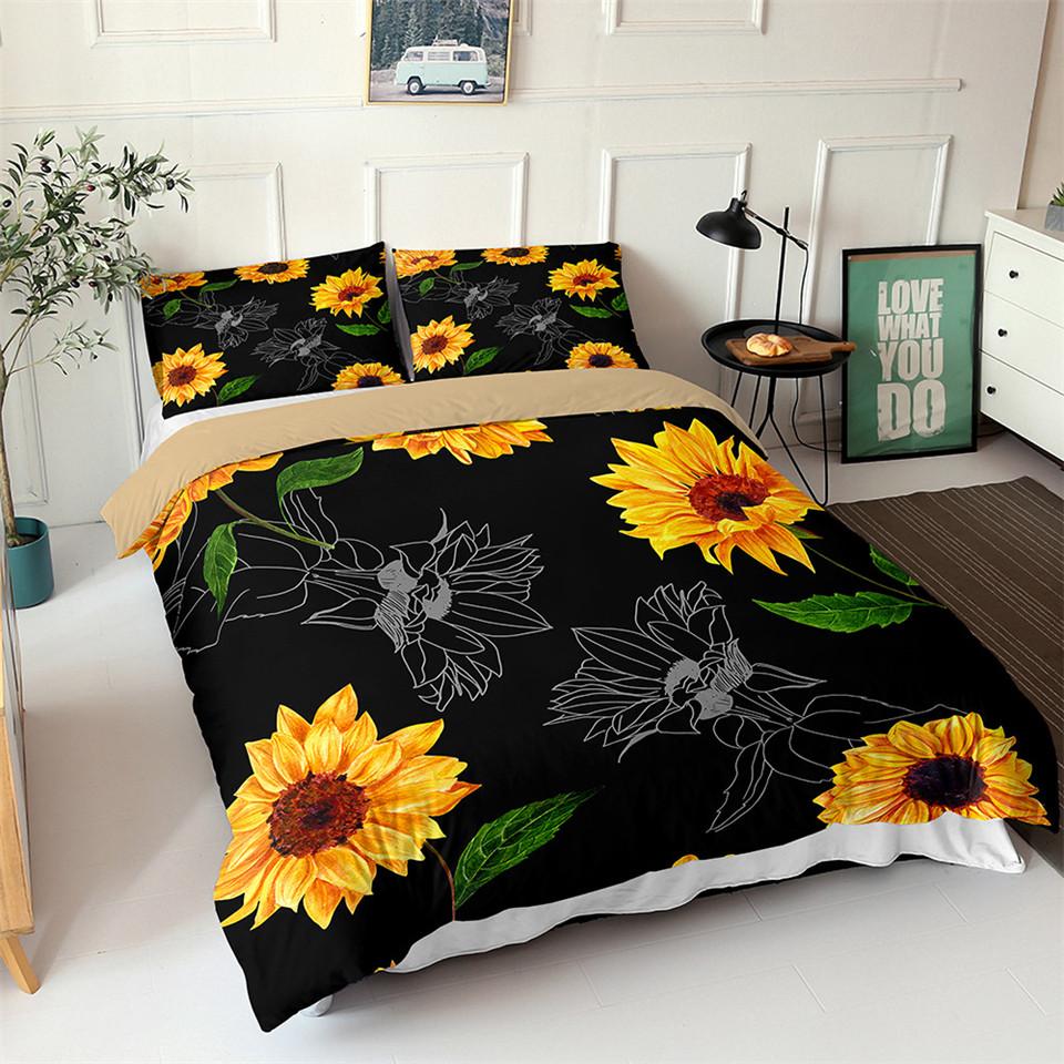 Sunflower Duvet Cover Set Yellow Flower Twin Bedding Set Polyester Black Gold Yellow Sunflowers Print Quilt Cover For Kids Teens