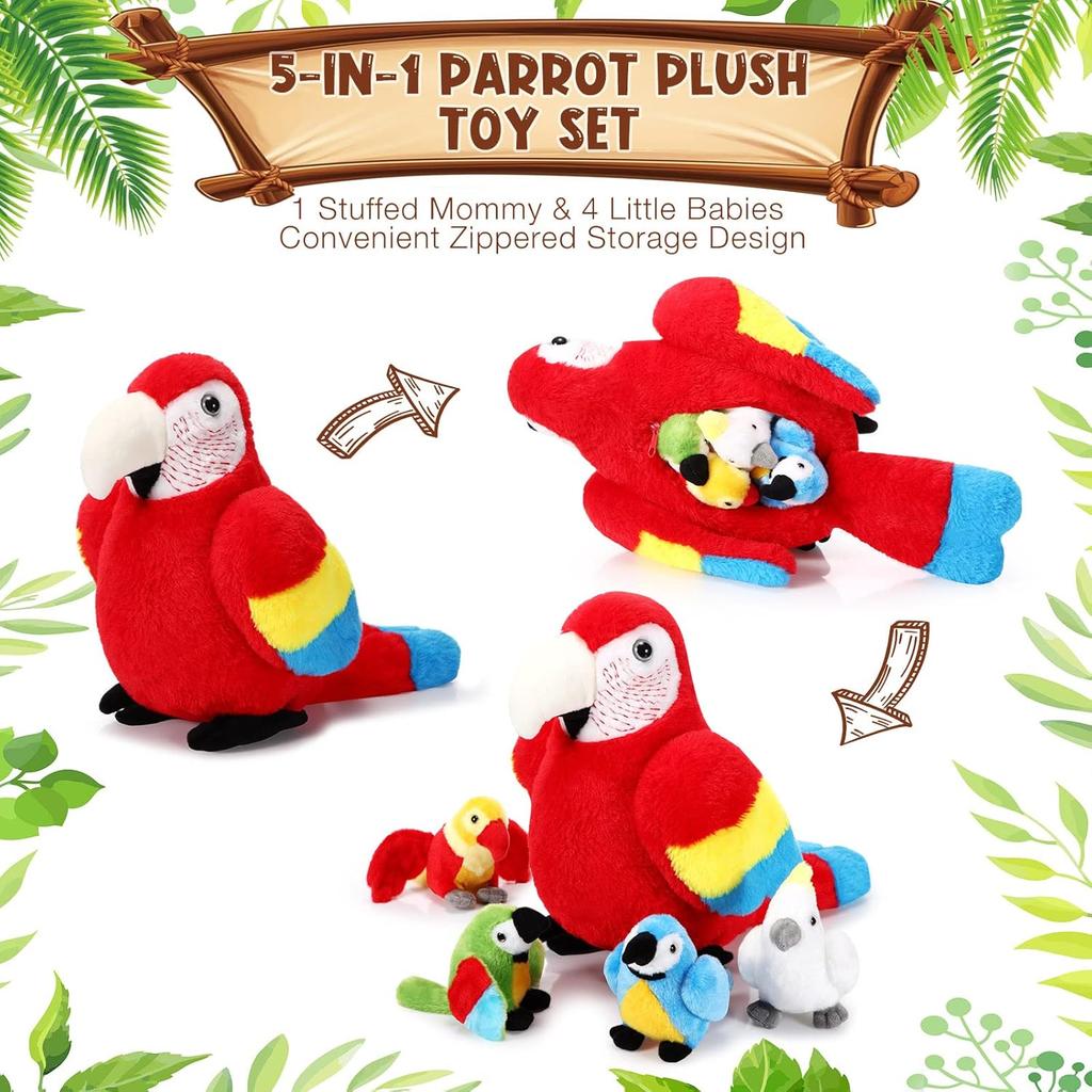 Meooeck 5 Pcs Macaw Parrot Plush Set 13 Inch Mommy Parrot Stuffed Animal with 4 Cute Plush Baby In Her Belly Soft Cuddly Bird for Toddlers Valentines