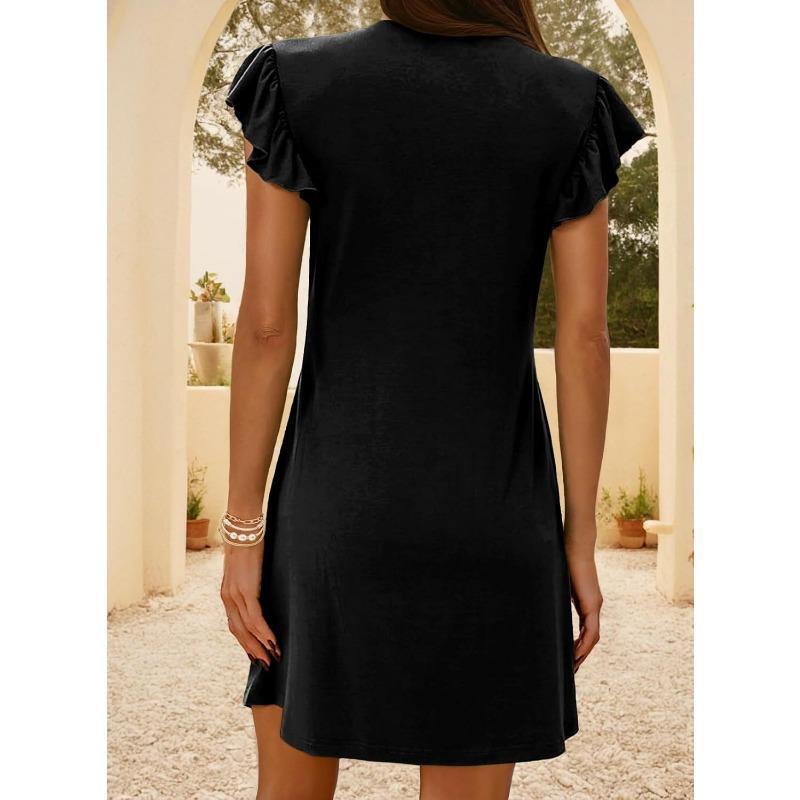 Women V Neck Flutter Sleeve Pleated Solid Color Flowy Long Dress