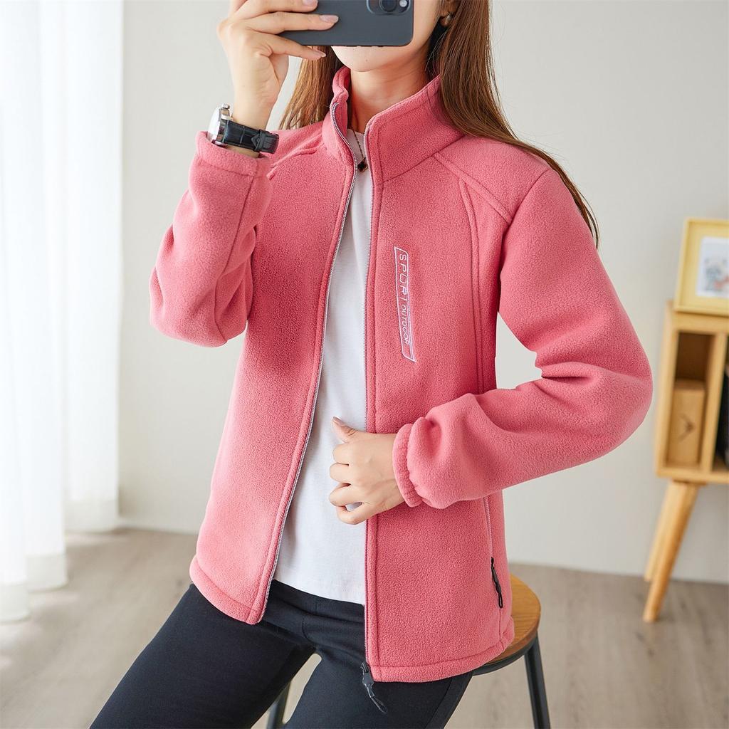 Dámská ležérní bunda z polárního fleecu na podzim a zimu, fleecový zateplený kardigan se stojáčkem, sportovní outdoorový teplý svetr