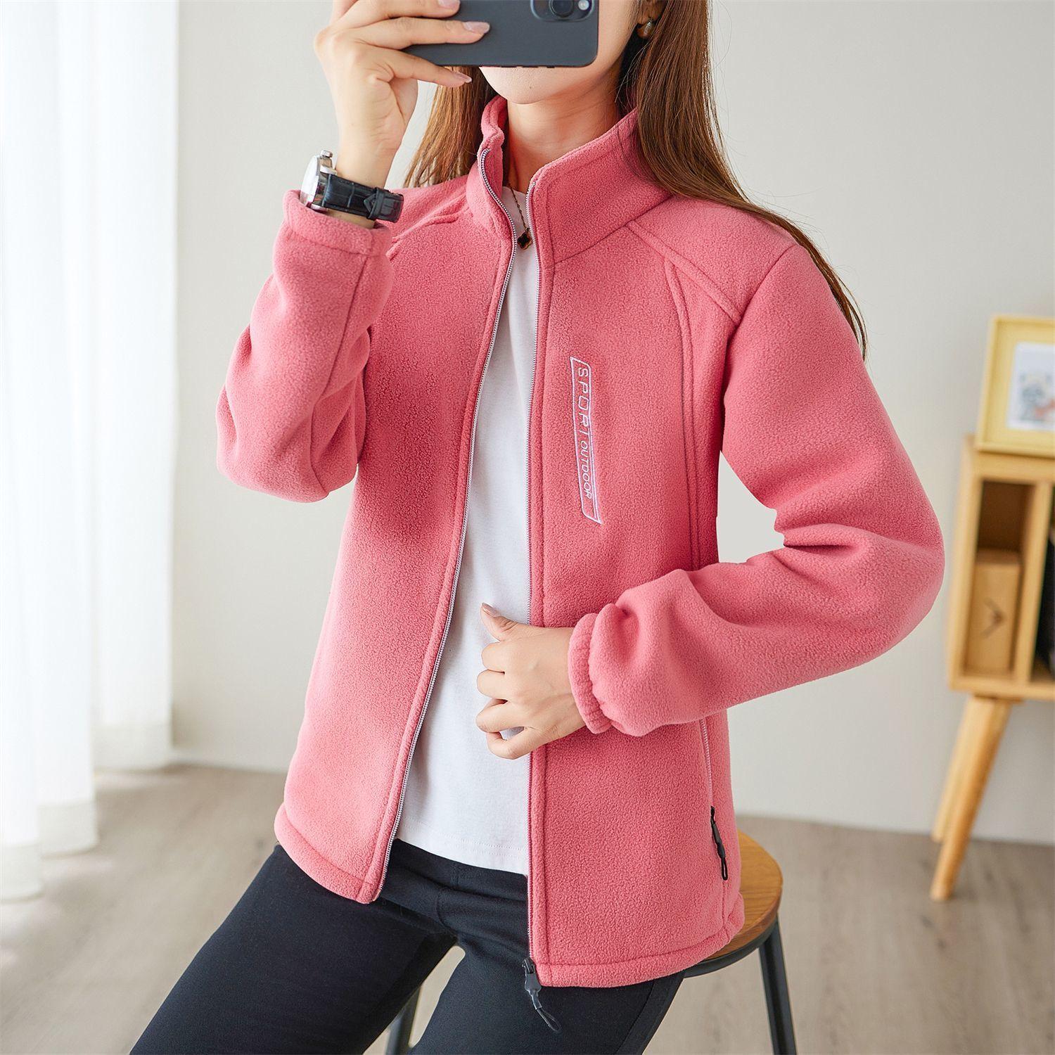 

Женская повседневная куртка из полар-флиса на осень и зиму с воротником-стойкой, утолщенный кардиган, спортивный уличный теплый свитер XXXXL розовый