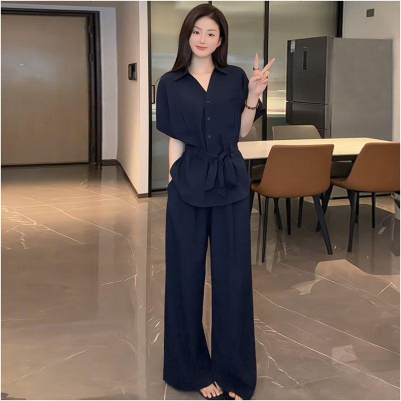 

Plus size Summer New Chubby Girl Idle Style Elegant Casual Waist Hugging Slimming V-neck Shirts Wide Leg Pants Two-piece Set Women Navy blue L