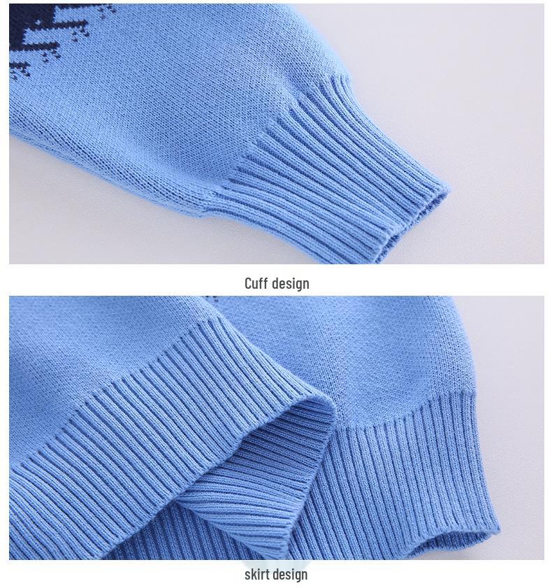 Boy's Round Neck Knit Sweater - Pure Cotton, Fleece-Lined for Autumn/Winter