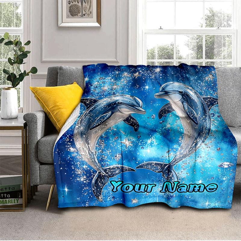1PC Custom Name Dolphins Starry Sky Flannel Blanket Versatile,all-season Throw Suitable for the Living Room,bedroom,camping,travel,and Gift