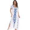 Summer Beach Dress Indie Folk  Side Slit Casual Long Dress Women Swimwear Cover Up Embroidered V Neck Short Sleeve