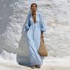 European and American autumn casual elegant striped deep V-neck bubble sleeve cotton and linen blend long dress women