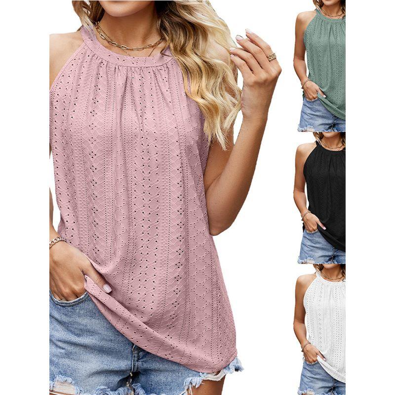 

Solid Color round Neck Neck off Shoulder Vest Pure Color Crew Neck off-the-Shoulder Hollow-out Vest Dark green M