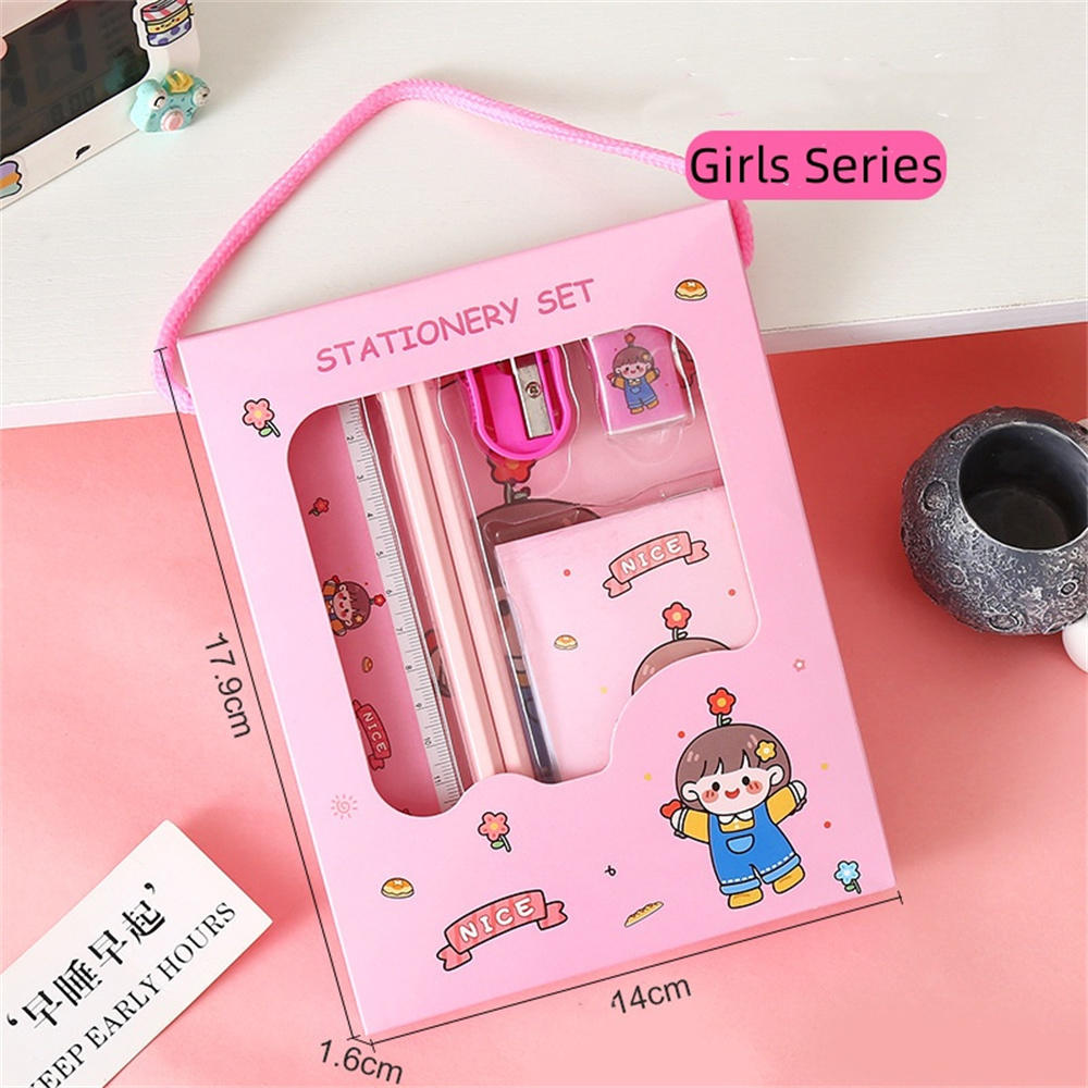 1 Set Cartoon Stationery Set Including Pencil Notebook Ruler Eraser Pencil Sharpener Student School Supplies Stationery Gifts