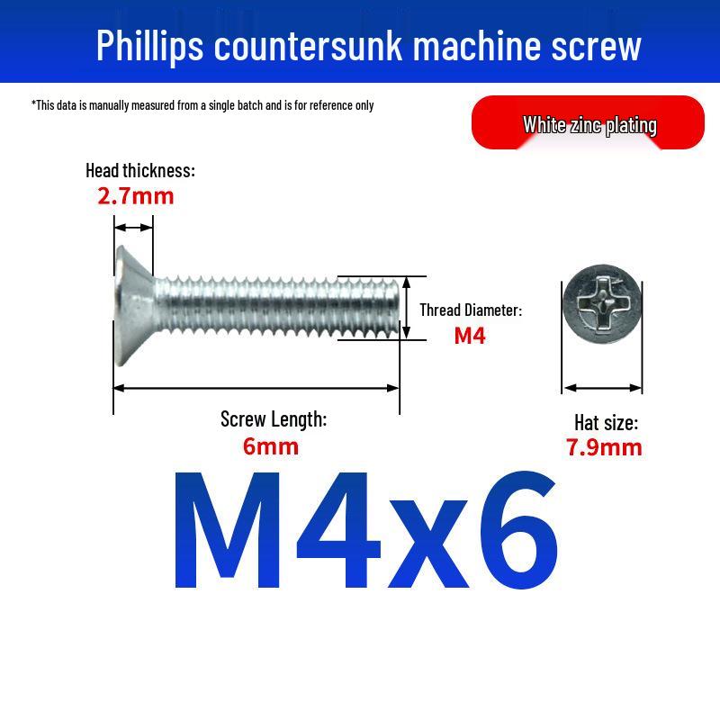 White Zinc Plated Cross Recessed Countersunk Head Screws & Bolts, Machine Thread, M3-M12