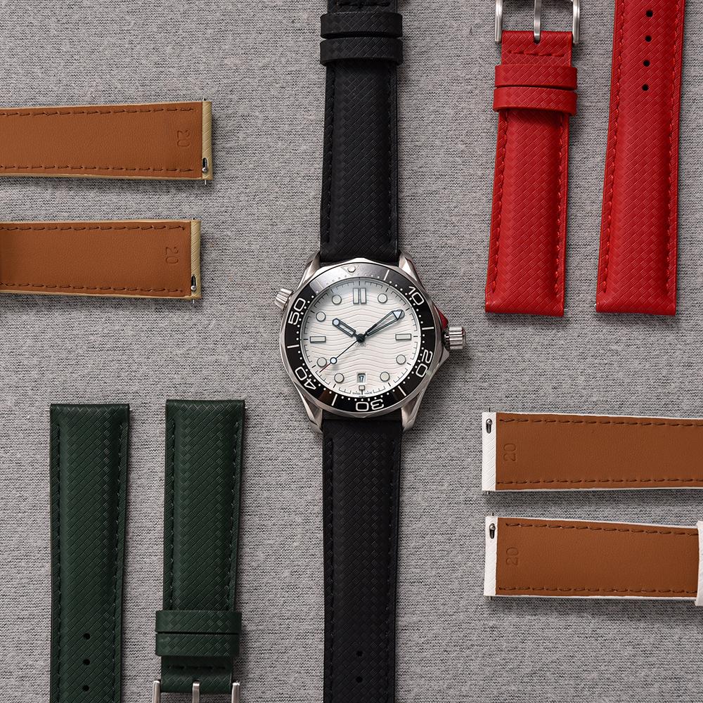 STAPELP 18mm 19mm 20mm 22mm Sailcloth Strap FKM TOP+Leather Base Tropical Texture Rubber Watch Bands Quick Release Pin Buckle