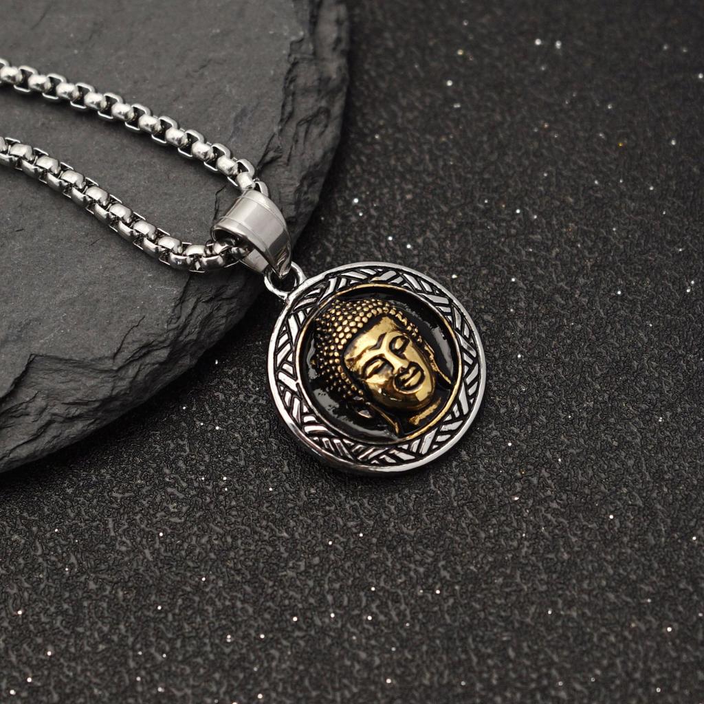 Retro Men's Pendant Trendy Men Domineering Steel Pendant Round Golden Buddha Head Pendant