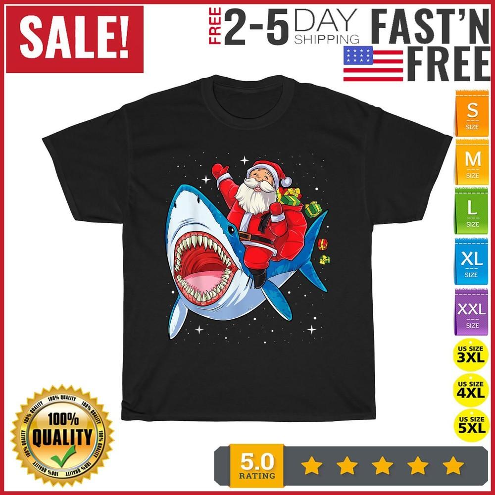

Santa Claus Riding Shark Christmas Boys Merry Sharkmas Xmas T Shirt Men Women 4XL