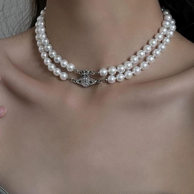 Vivienne High-End Three-Layer Pearl & Diamond Saturn Necklace for Women