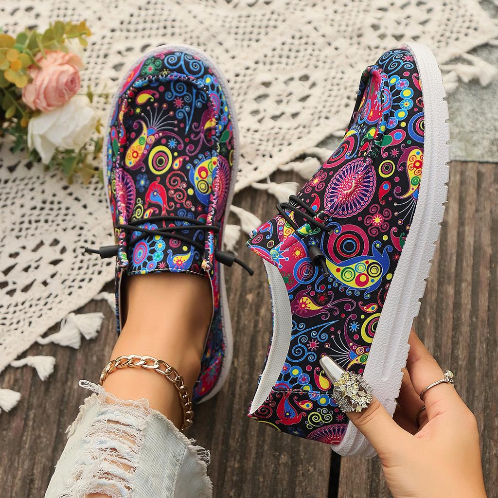 Women Flats Sneakers 2025 Spring Autumn New Women Fashion Canvas Print Flat Shoes Lace Up Woman Outdoor Casual Big Size Sneakers