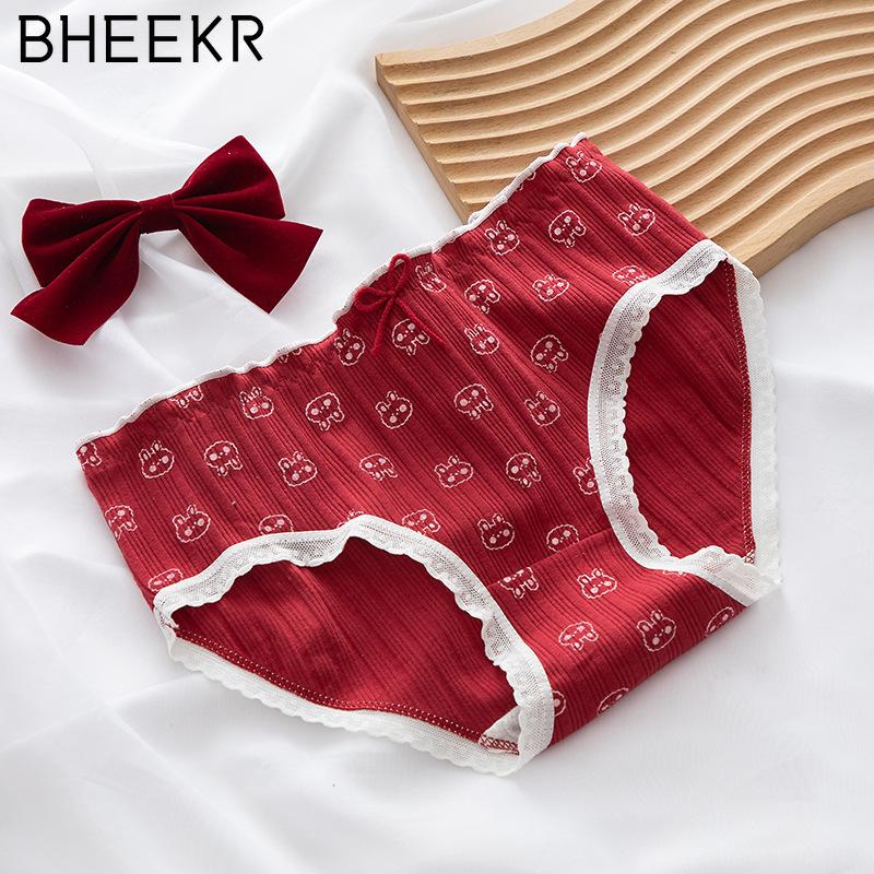 5pcs/set Strawberry Cute Rabbit Lace Edge Red Threaded Girls Panties Cotton Crotch Mid Waist Student Panties Ladies Briefs