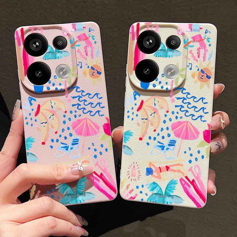 Kreslený pouzdro na malování na dovolenou pro Xiaomi Redmi Note 14 13 Pro 5G 4G 12 11 Funda Xiaomi 14T 13T 11T Pro Silikonový kryt s koženou texturou