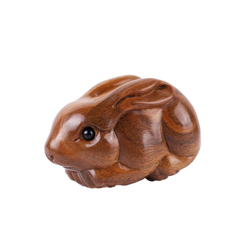 Cute Small Wooden Rabbit Figures 1.37" Green Sandalwood Carving Zodiac Rabbit Handicrafts Desk Home Decoration DIY Pendant Gift