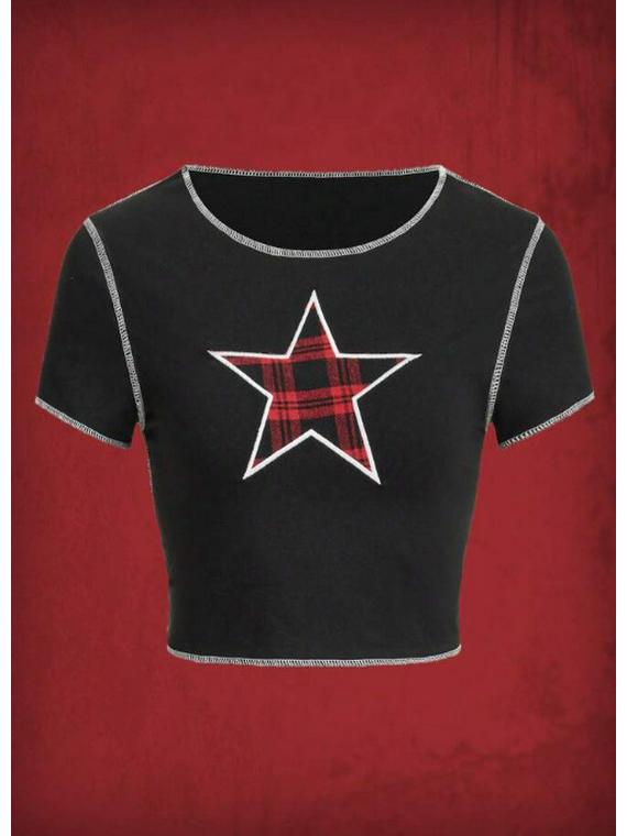 2026 Cross-border Sweet and Spicy Patchwork Punk T-shirt for Women - Irregular, Versatile Short-sleeved Top