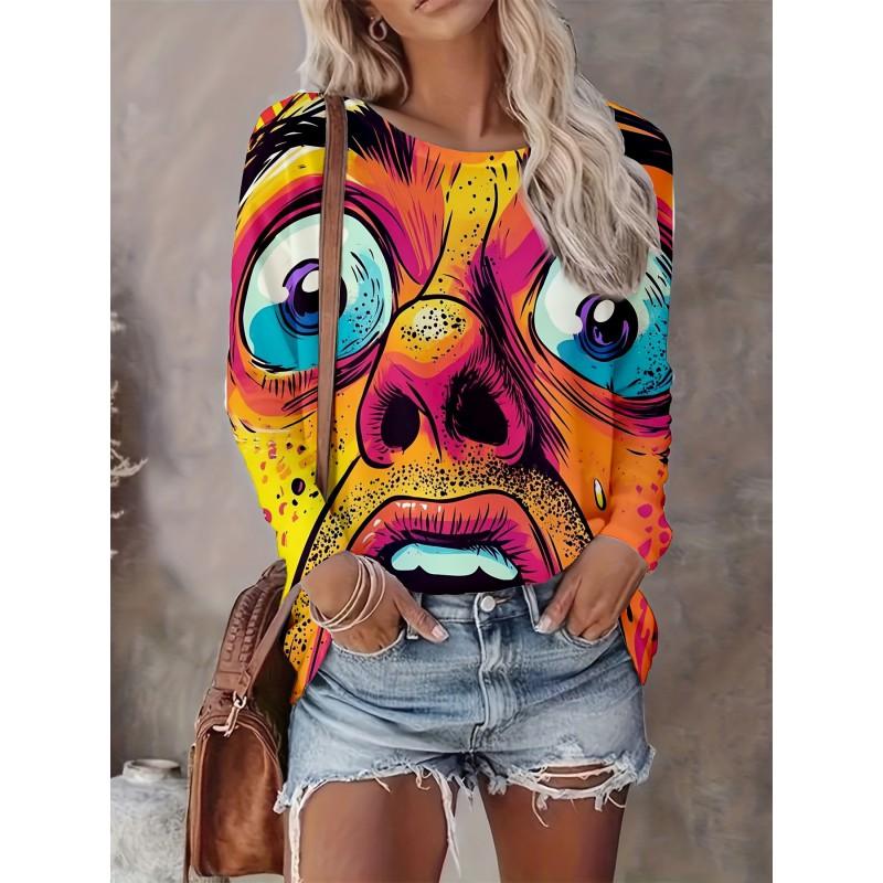 Abstract Tie-Dye 3D Digital Print Loose Fit Womens Crew Neck Long Sleeve T-Shirt Casual Comfort Top
