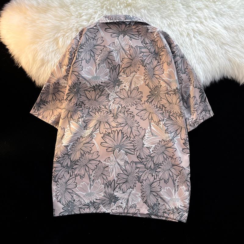 Unisex Vintage Kubakrage Blomsterskjorte - Løs passform, Hong Kong-stil, Kort erm, Perfekt for strand og par