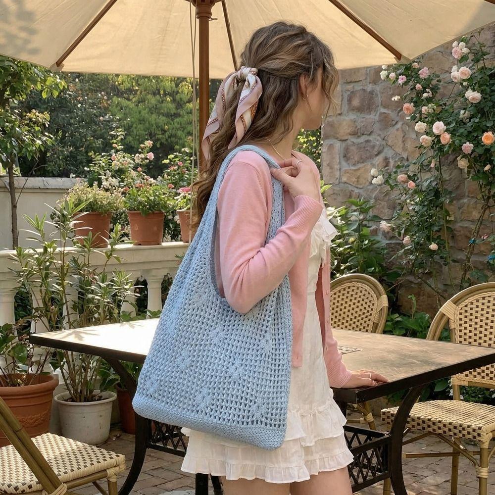 Braided Crochet Flower Tote Bag Solid Color Beach Bag Sweet Hollow Out Knitted Weave Bag  Daily