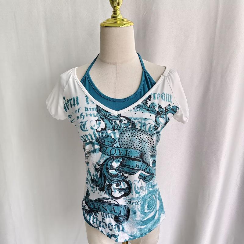 T-Shirts Damen Y2k Ästhetik Harajuku Vintage Patchwork Neckholder Bandage V-Ausschnitt Buchstabendruck Grunge Gothic Crop Tops