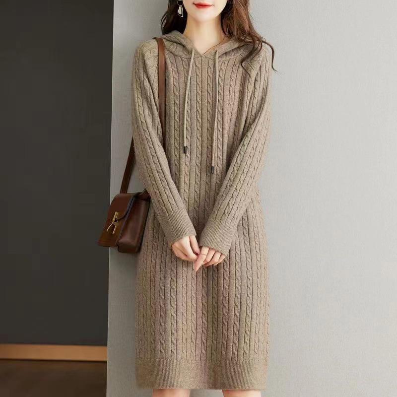 Hooded knitted sweater medium and long sweater skirt loose lazy hooded sweater women's dress new autumn and winter thick