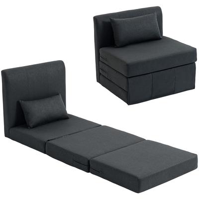 2-in-1 Folding Lounge Chair Foldable Sofa Bed with Linen Texture, Upholstered Guest Bed Folding Chair, Dark Grey