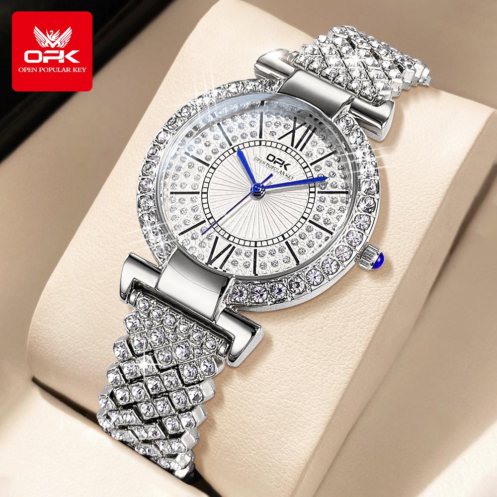 OPK 8618 Full Diamond Quartz Wristwatch for Women Waterproof Steel Strap Fashion Elegant Ladies Dress Watch Original Reloj