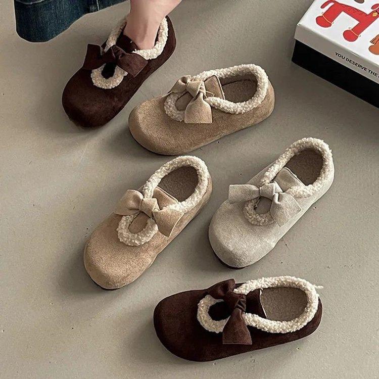 All-inclusive velvet Birkenstocks New autumn and winter bow fluffy shoes cotton shoes