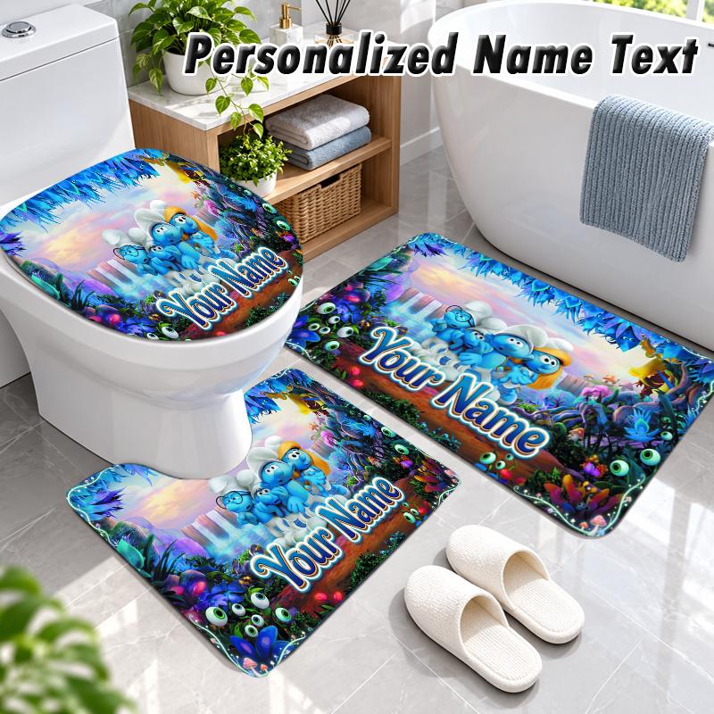Smurfs Custom Name 3Pcs Flannel Bathroom Mat Set Toilet Rug Personalized Bath Decor