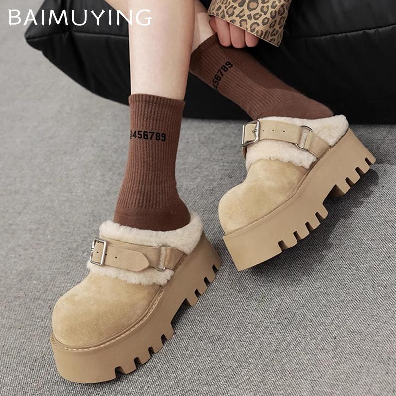 Fur Platform Women Cotton Slippers Suede Short Plush High Heels Mules Shoes 2025 Trend Warm Casual Buckle Winter Botas De Mujer