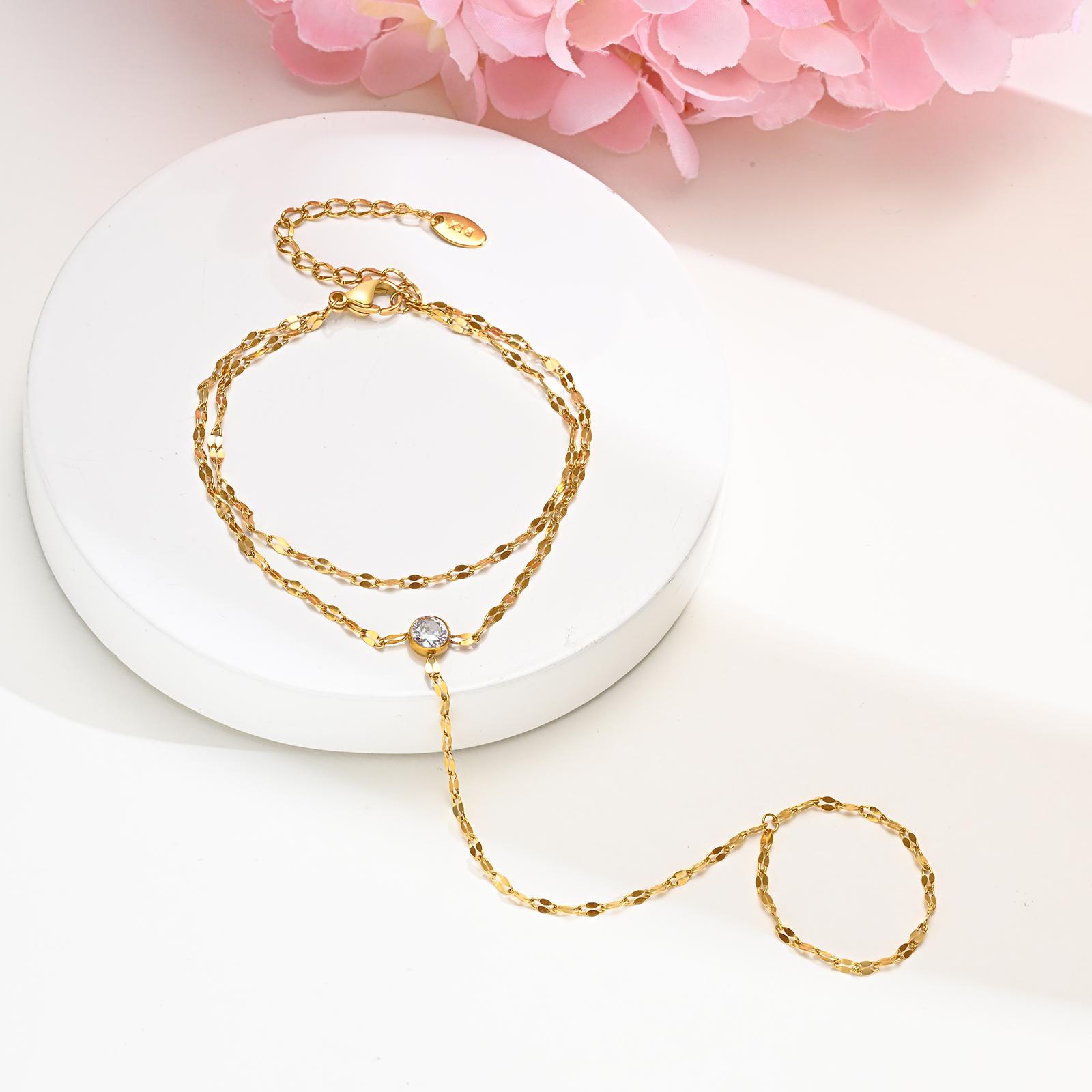 

Chic Zircon Double-layer Finger Chain Bracelet for Women,Gold Color Lip Chain Stainless Steel Bracelets,Trendy Jewelry Gifts