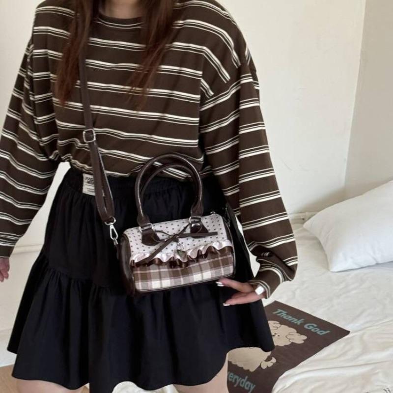Retro Sweetheart Polka Dot & Plaid Hangbag Exquisite Wallet With Bow Lace Trim, Small Pillow Bags Brown Kawaii Shoulder Bag