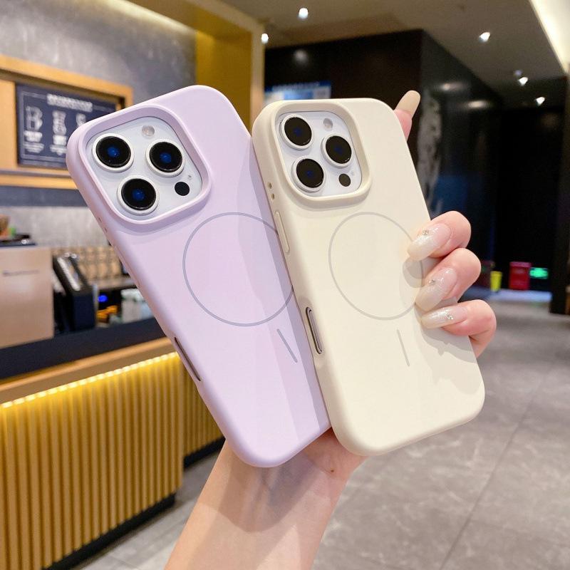 Liquid Silicone Magnetic Apple 16 Pro Max Phone Case with Fine Ring - Solid Color, Simple Protective Cover
